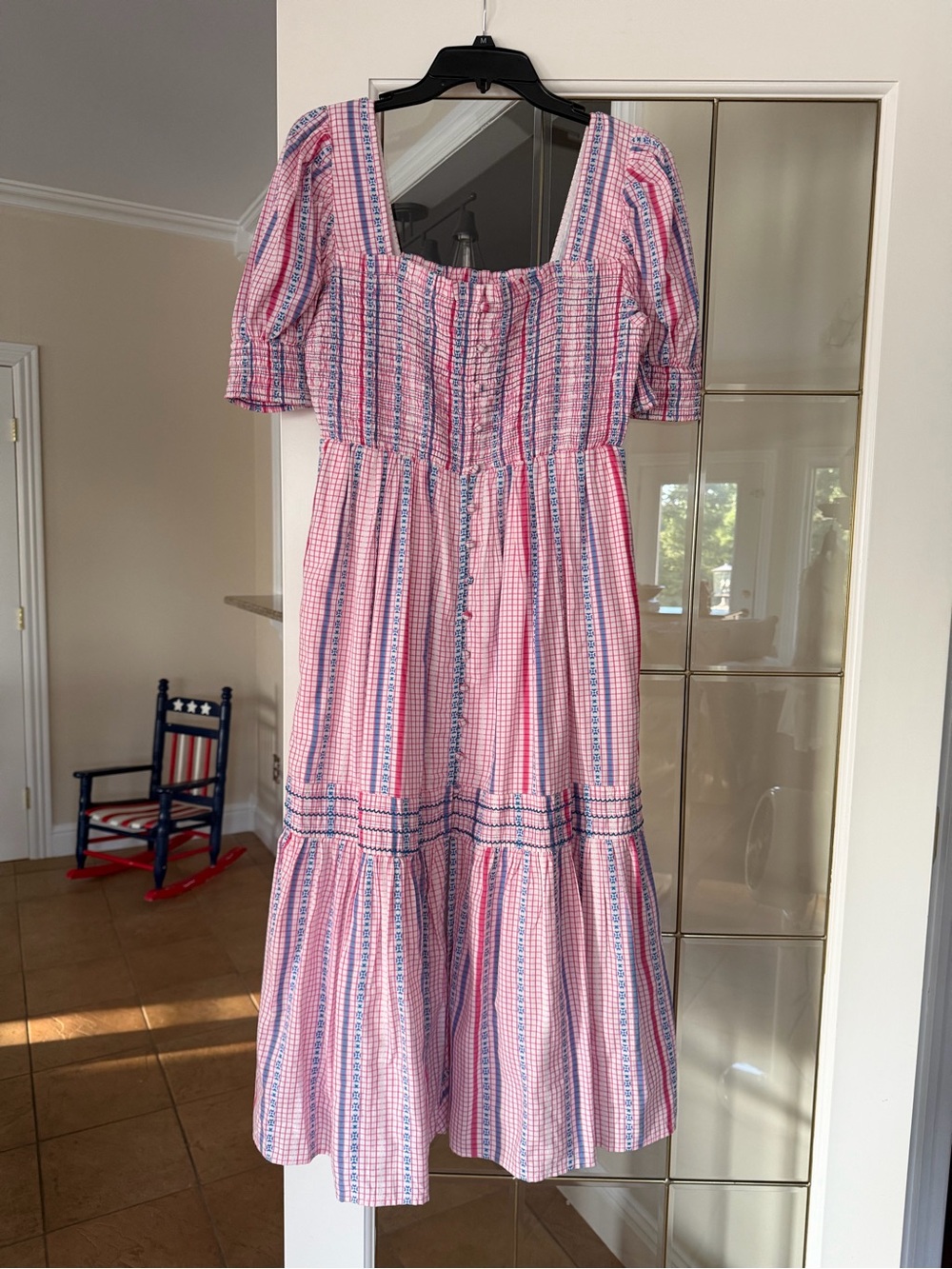 Anthropologie Pink & Blue Striped Tiered Midi Dress